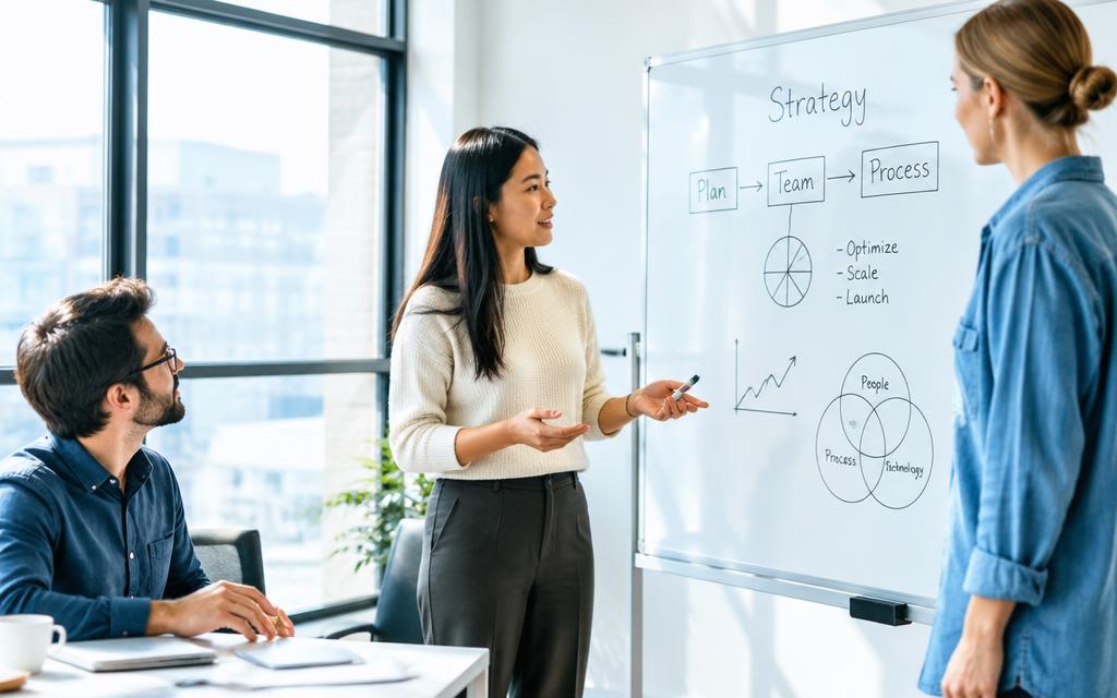Une équipe travaille au tableau sur l'organisation et les processus d'un projet