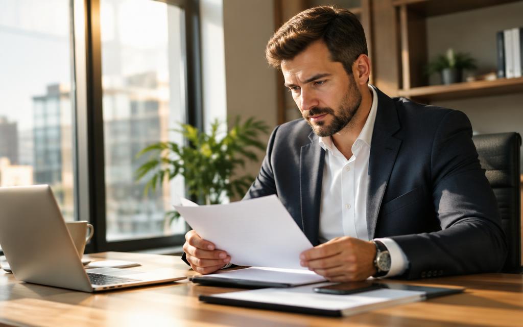 Un professionnel examine des documents de travail à son bureau