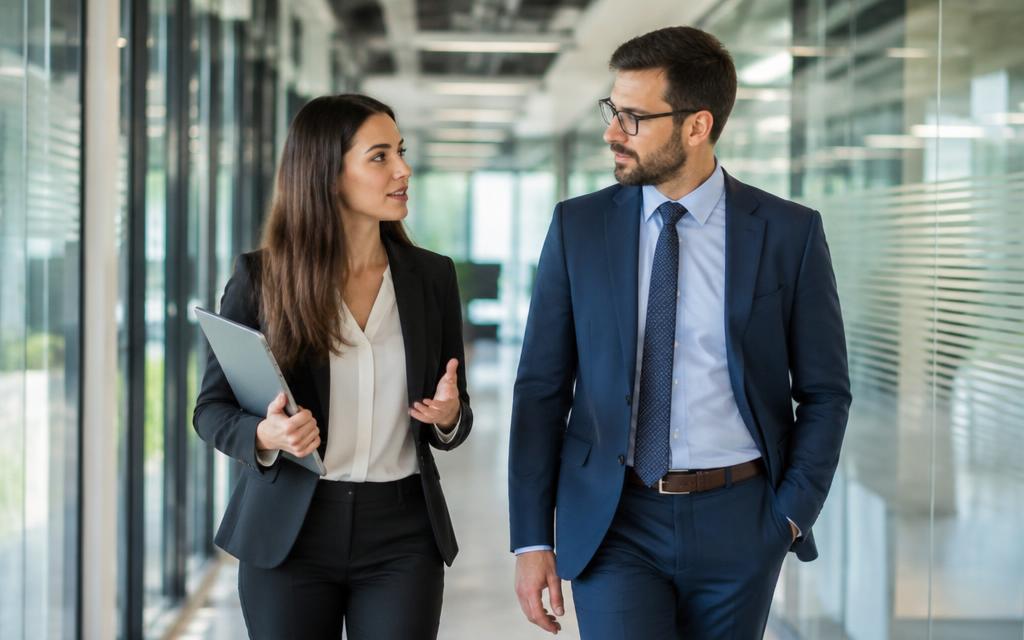 Deux professionnels échangent sur un projet dans un espace de travail lumineux