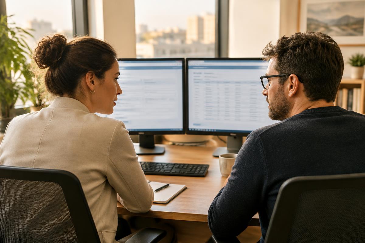 Deux professionnels échangeant autour de documents dans un bureau lumineux