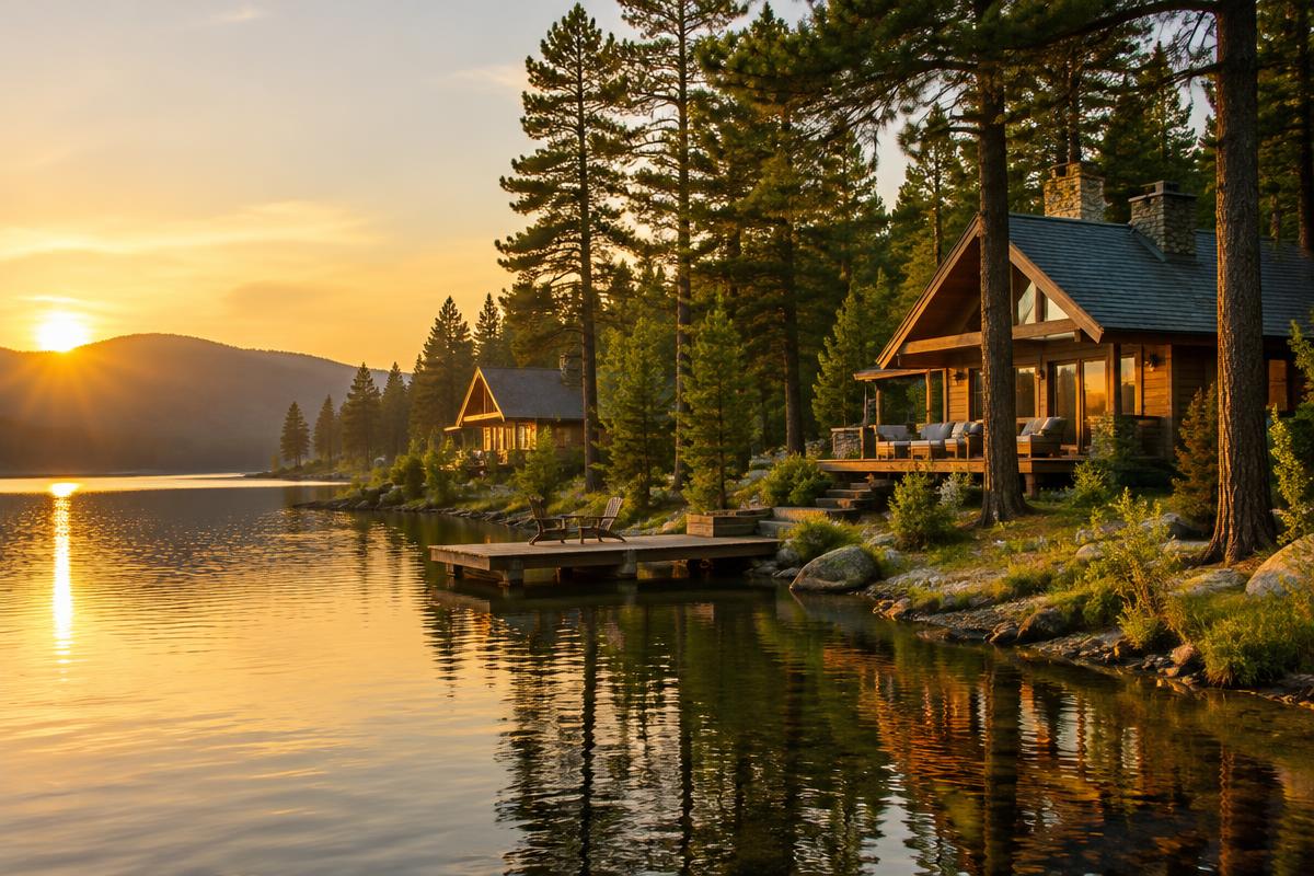 Résidence de vacances au bord d'un lac, en forêt, au coucher du soleil