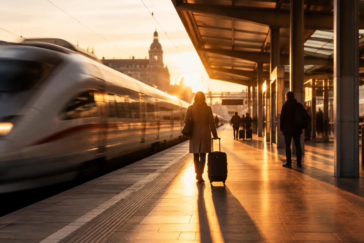 Quai de gare au coucher du soleil avec un train à grande vitesse